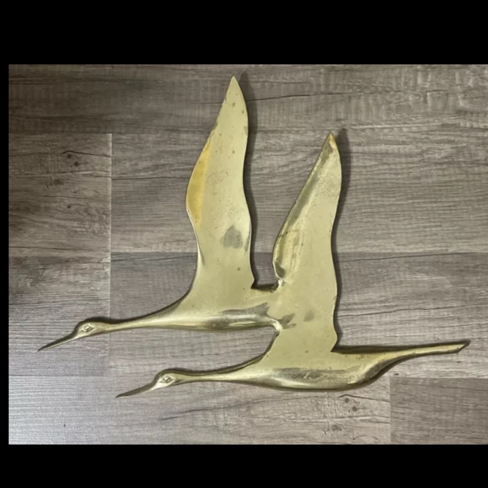 VTG✨SOLID Brass Wall Hanging Birds MCM Decor Gold 2 Cranes flying Made In TAIWAN